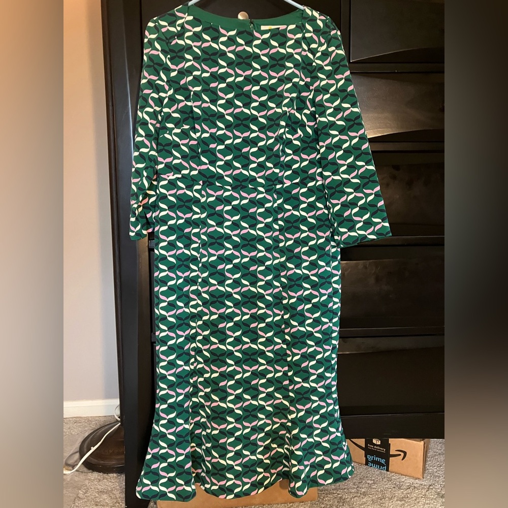 Boden Green and White Geometric Long Sleeve Dress